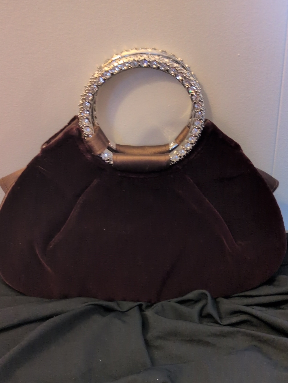 Lord And Taylor Elegant Maroon Velvet Evening Handbag with Crystal Handle